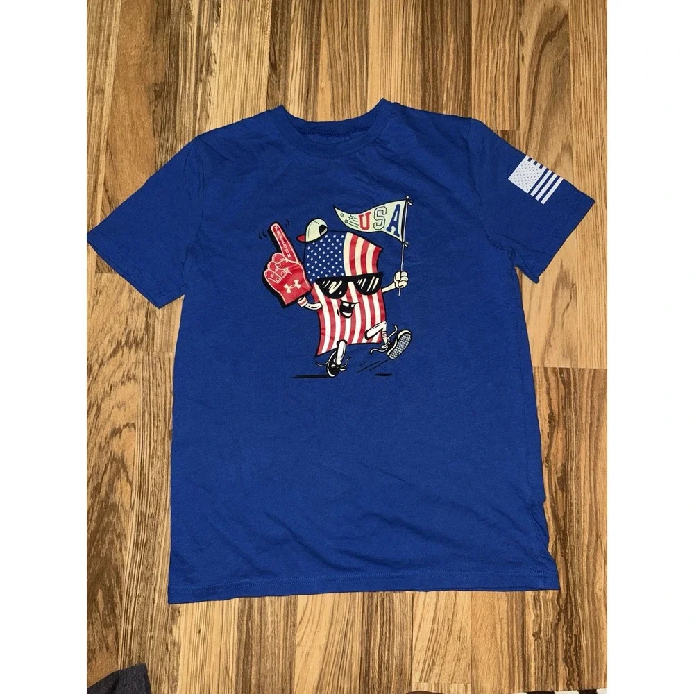 Under Armour Boys Youth Large YL‎ Heat gear American Flag Iron Man Shorts Shirts